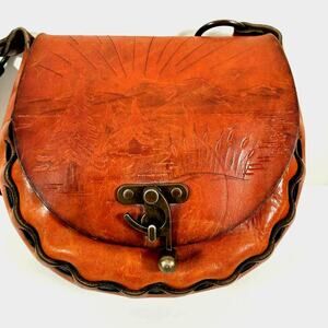Vtg 70s Hand Tooled & Stitched Mountain Scene Brown Leather Shoulder Bag